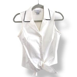 VTG White Button-Up Sleeveless Tie-Front Top M Preppy Minimalist Coastal